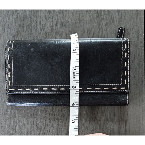 FOSSIL Tri Fold Wallet Black Leather Coin Pouch License Window Snap Closure - Picture 7 of 7